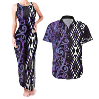 Purple Aotearoa Couples Matching Tank Maxi Dress and Hawaiian Shirt Taniko Motifs With Paua Shell Kowhaiwhai
