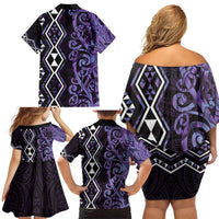 Purple Aotearoa Family Matching Off Shoulder Short Dress and Hawaiian Shirt Taniko Motifs With Paua Shell Kowhaiwhai