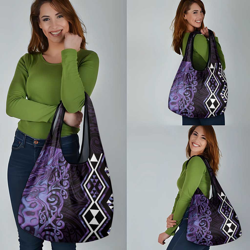 Purple Aotearoa Grocery Bag Taniko Motifs With Paua Shell Kowhaiwhai