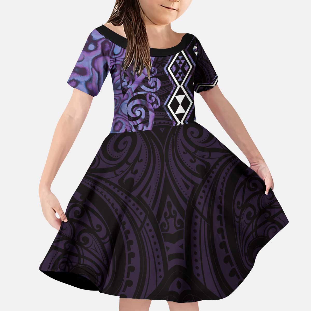 Purple Aotearoa Kid Short Sleeve Dress Taniko Motifs With Paua Shell Kowhaiwhai