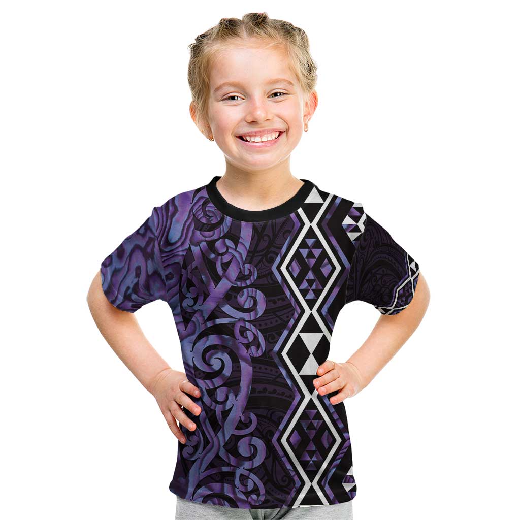 Purple Aotearoa Kid T Shirt Taniko Motifs With Paua Shell Kowhaiwhai