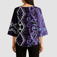 Purple Aotearoa Kimono Sleeve Blouse Taniko Motifs With Paua Shell Kowhaiwhai - Polynesian Pride