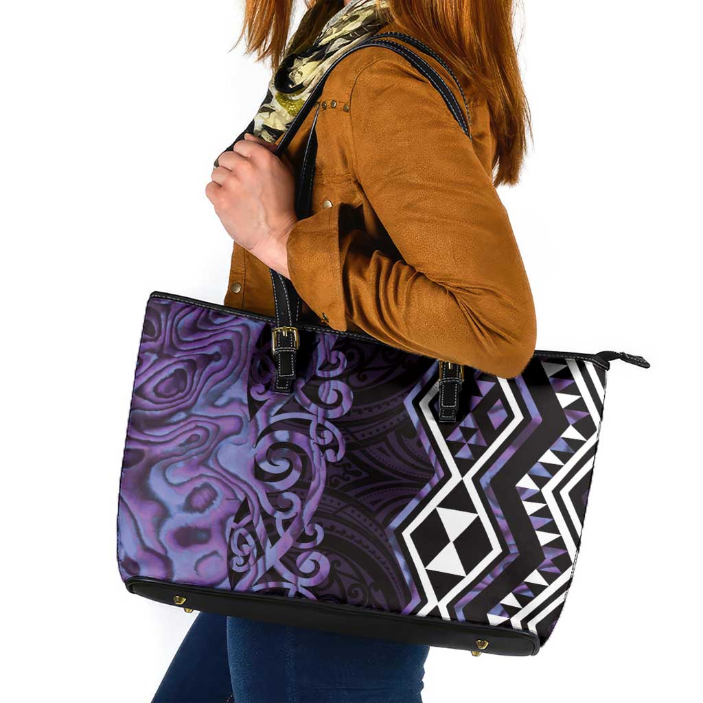 Purple Aotearoa Leather Tote Bag Taniko Motifs With Paua Shell Kowhaiwhai
