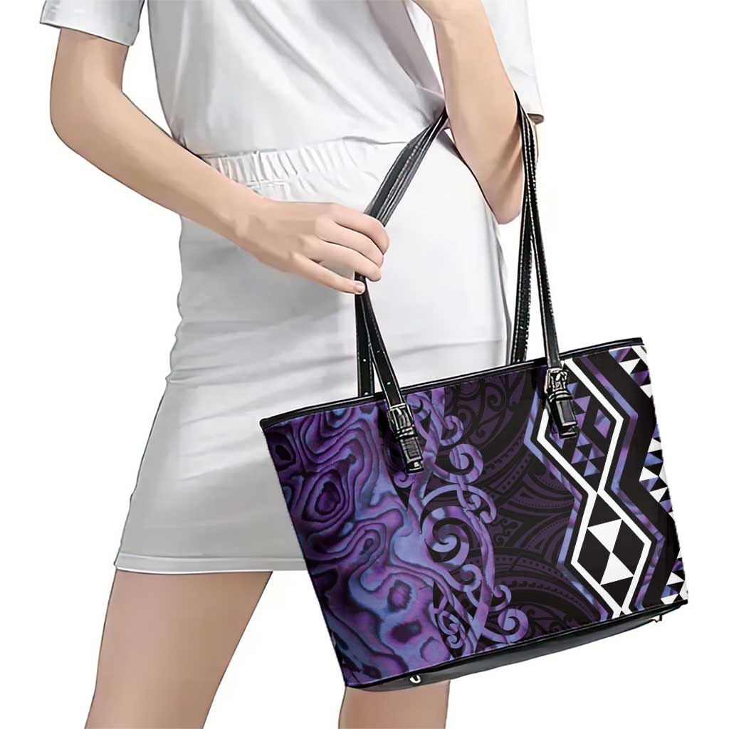 Purple Aotearoa Leather Tote Bag Taniko Motifs With Paua Shell Kowhaiwhai