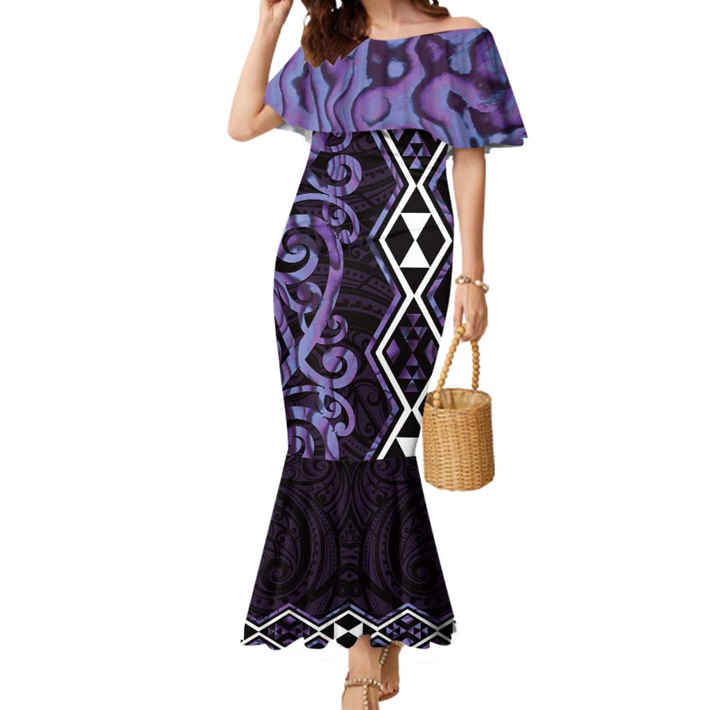 Purple Aotearoa Mermaid Dress Taniko Motifs With Paua Shell Kowhaiwhai