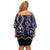 Purple Aotearoa Off Shoulder Short Dress Taniko Motifs With Paua Shell Kowhaiwhai