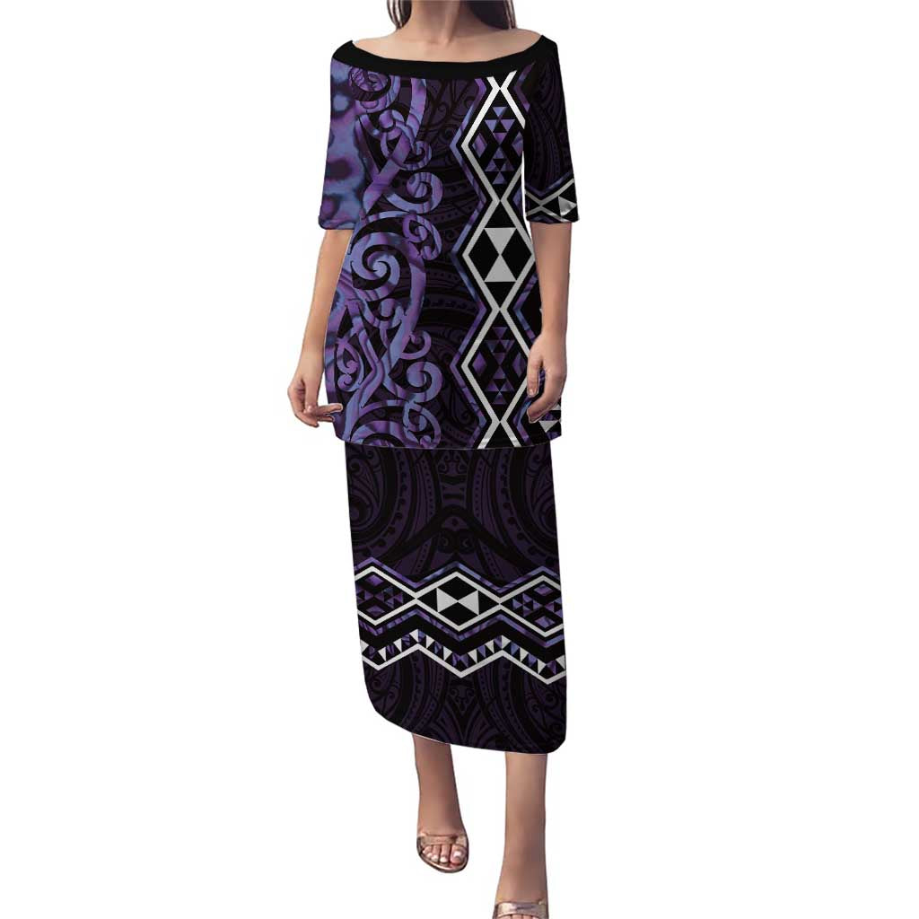 Purple Aotearoa Puletasi Taniko Motifs With Paua Shell Kowhaiwhai