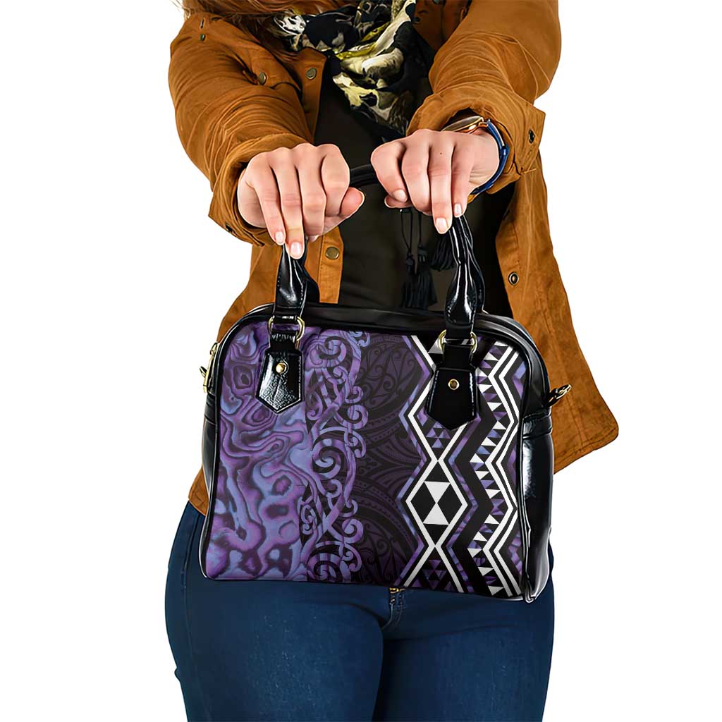 Purple Aotearoa Shoulder Handbag Taniko Motifs With Paua Shell Kowhaiwhai