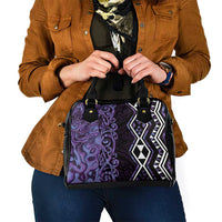 Purple Aotearoa Shoulder Handbag Taniko Motifs With Paua Shell Kowhaiwhai
