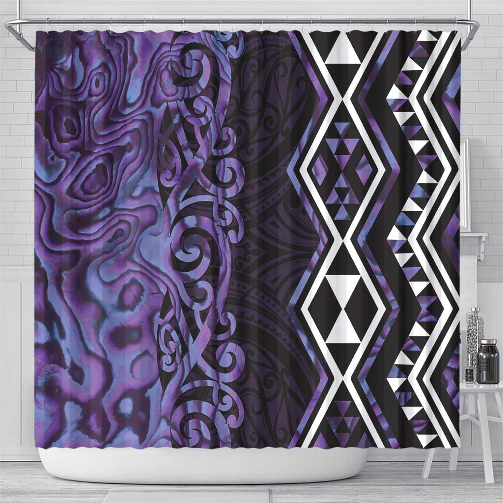 Purple Aotearoa Shower Curtain Taniko Motifs With Paua Shell Kowhaiwhai