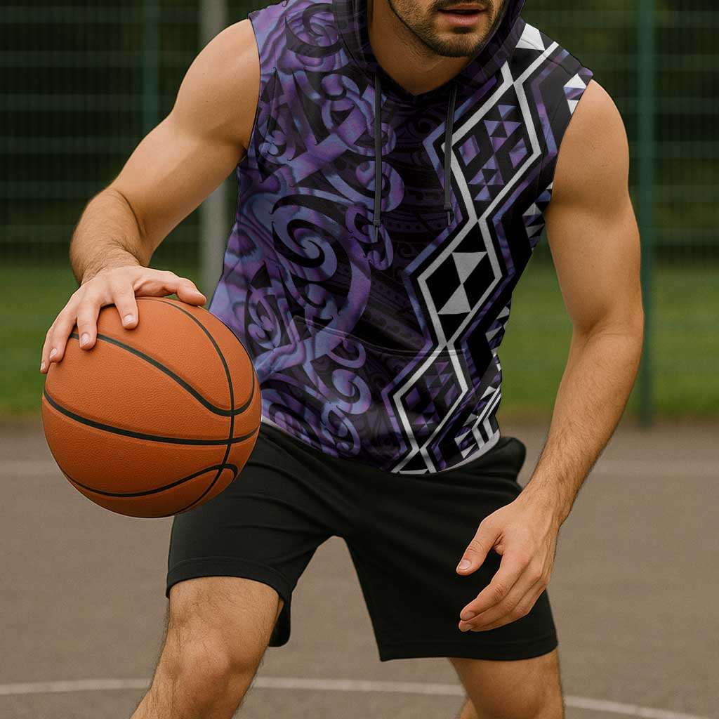 Purple Aotearoa Sleeveless Hoodie Taniko Motifs With Paua Shell Kowhaiwhai LT14 - Polynesian Pride
