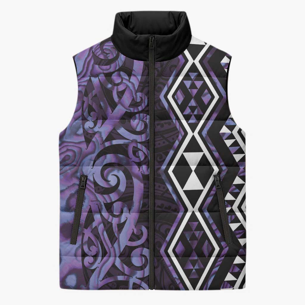 Purple Aotearoa Sleeveless Puffer Jacket Taniko Motifs With Paua Shell Kowhaiwhai LT14 Unisex Purple - Polynesian Pride