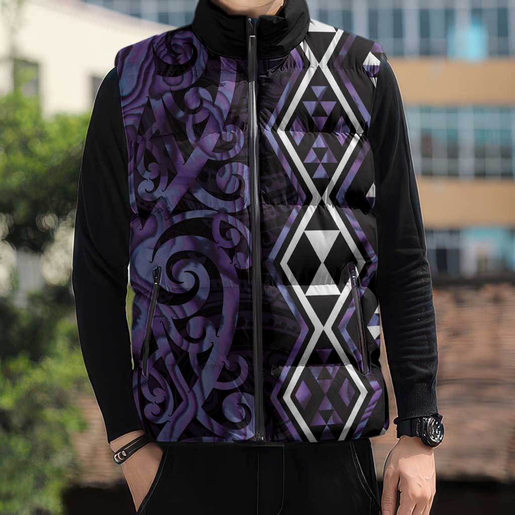 Purple Aotearoa Sleeveless Puffer Jacket Taniko Motifs With Paua Shell Kowhaiwhai LT14 - Polynesian Pride