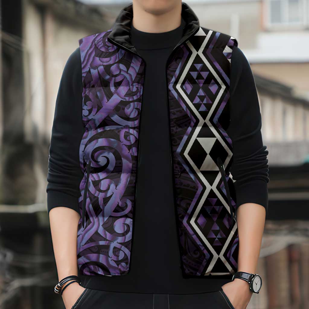Purple Aotearoa Sleeveless Puffer Jacket Taniko Motifs With Paua Shell Kowhaiwhai LT14 - Polynesian Pride
