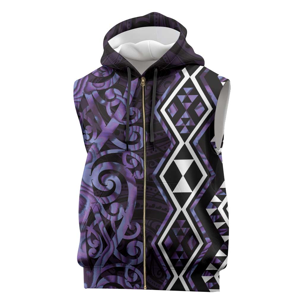 Purple Aotearoa Sleeveless Zip Hoodie Taniko Motifs With Paua Shell Kowhaiwhai - Polynesian Pride