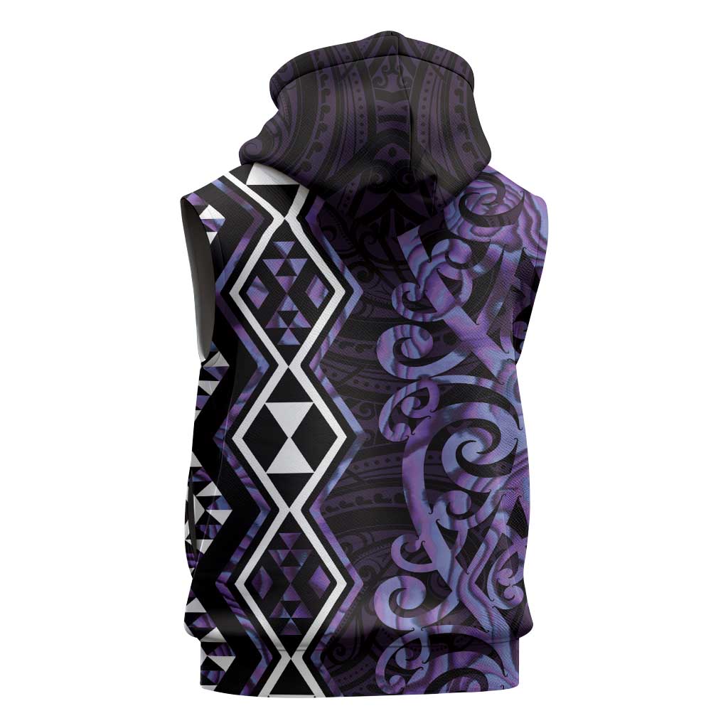 Purple Aotearoa Sleeveless Zip Hoodie Taniko Motifs With Paua Shell Kowhaiwhai - Polynesian Pride