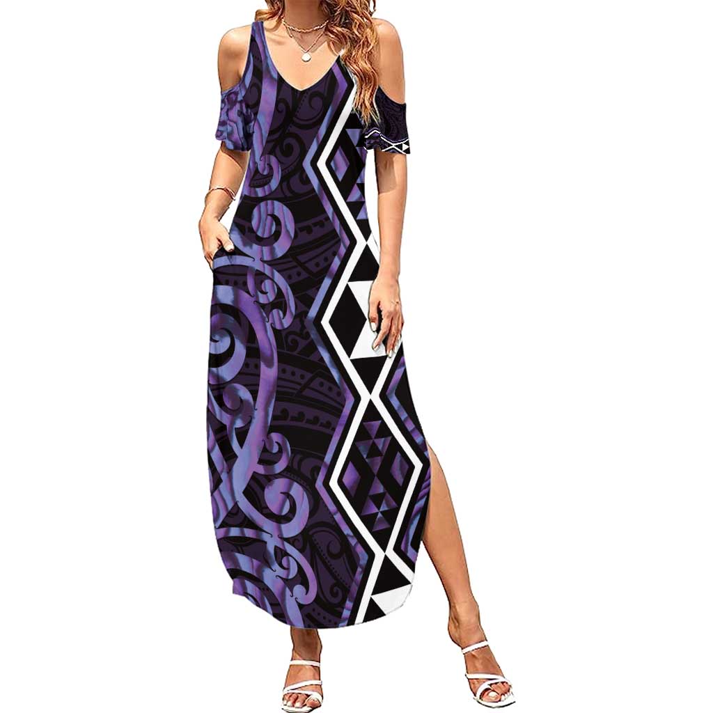 Purple Aotearoa Summer Maxi Dress Taniko Motifs With Paua Shell Kowhaiwhai