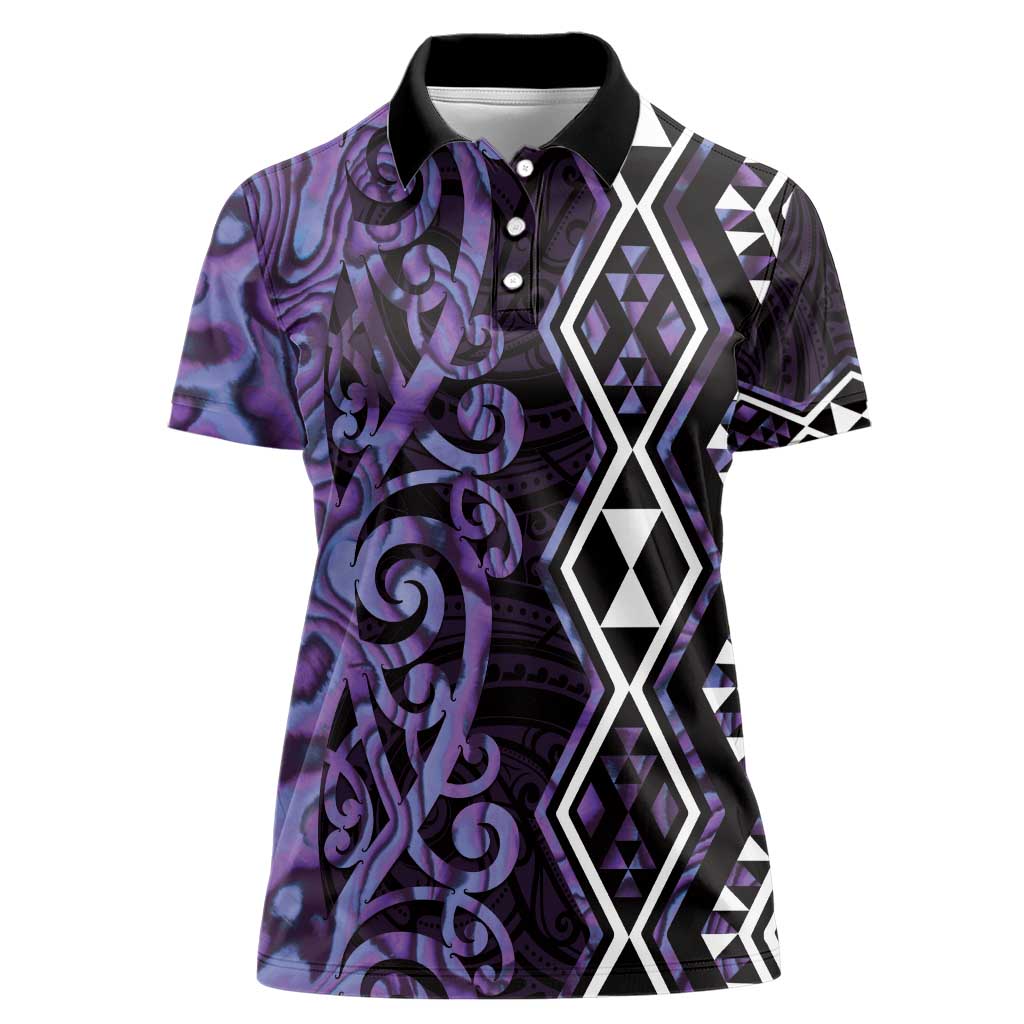 Purple Aotearoa Women Polo Shirt Taniko Motifs With Paua Shell Kowhaiwhai