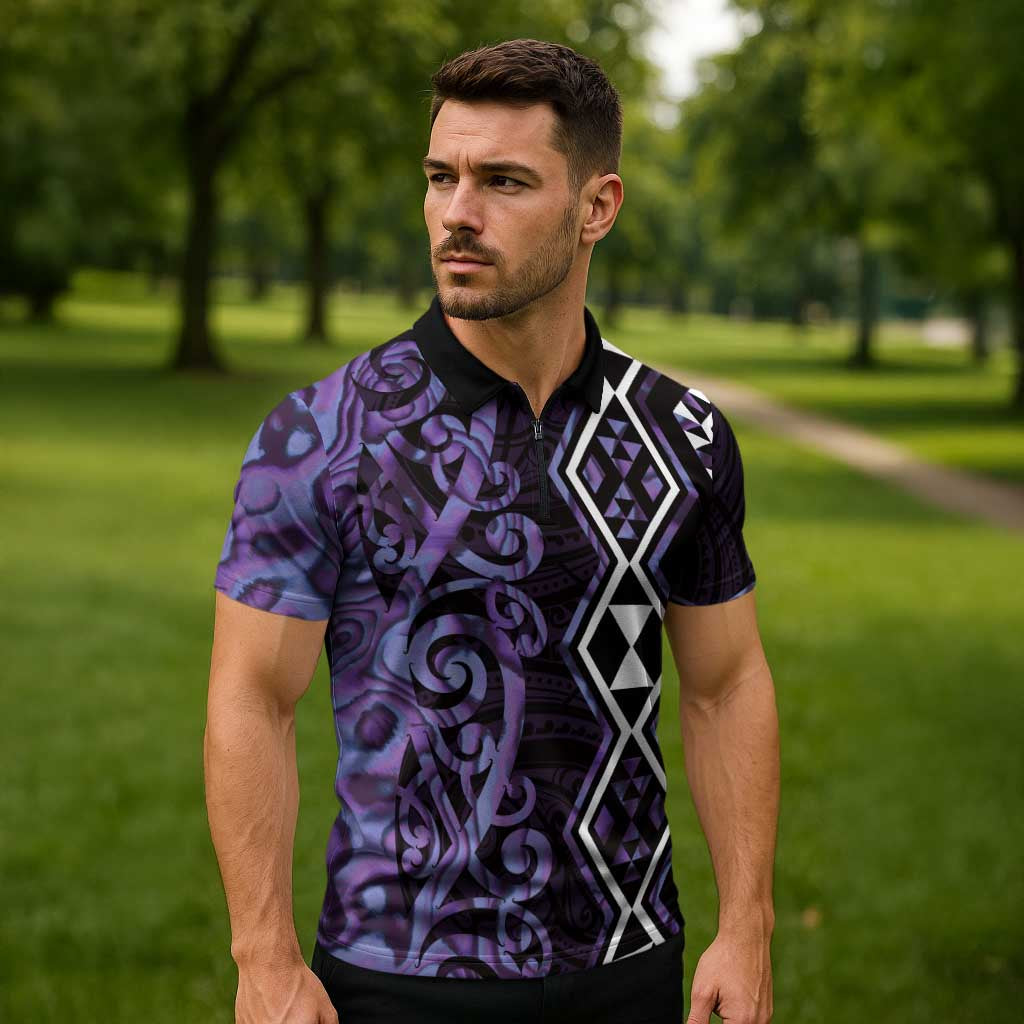 Purple Aotearoa Zipper Polo Shirt Taniko Motifs With Paua Shell Kowhaiwhai - Polynesian Pride