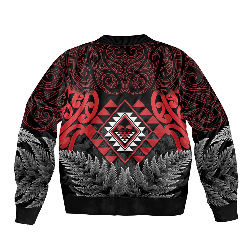Aotearoa Kiwi Taniko Bomber Jacket Silver Fern With Maori Koru Pattern