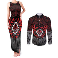 Aotearoa Kiwi Taniko Couples Matching Tank Maxi Dress and Long Sleeve Button Shirt Silver Fern With Maori Koru Pattern