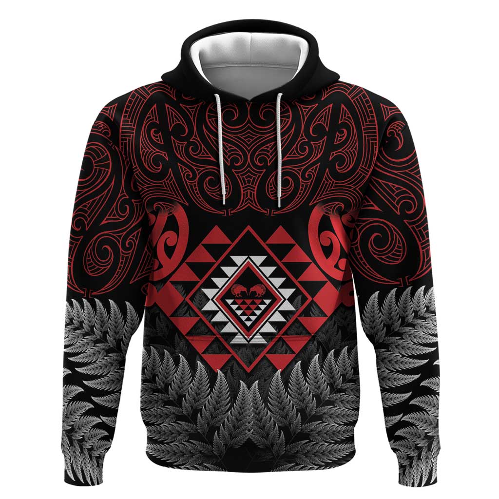 Aotearoa Kiwi Taniko Hoodie Silver Fern With Maori Koru Pattern