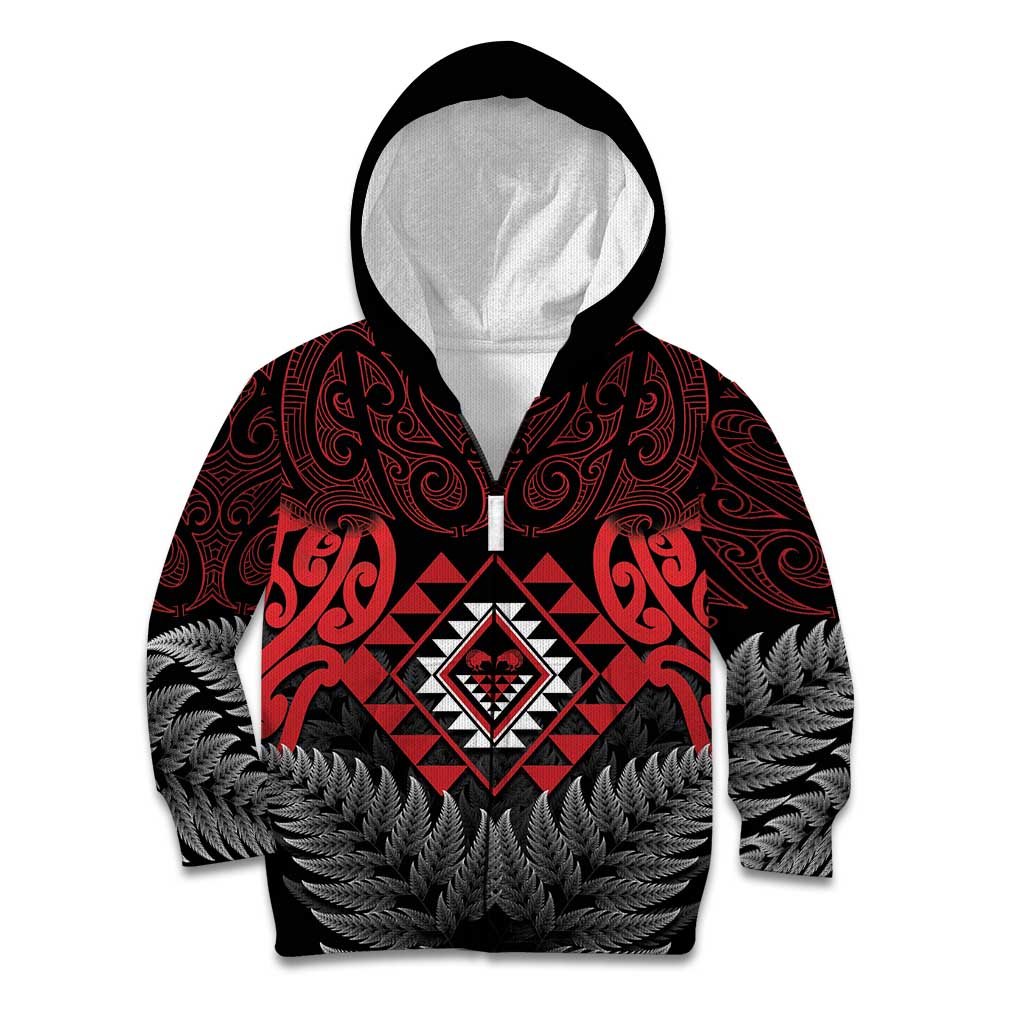 Aotearoa Kiwi Taniko Kid Hoodie Silver Fern With Maori Koru Pattern