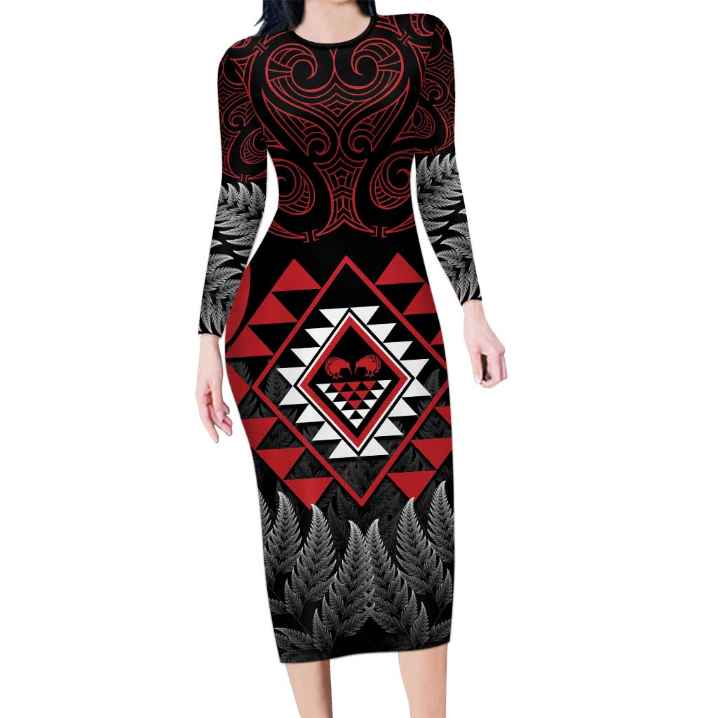 Aotearoa Kiwi Taniko Long Sleeve Bodycon Dress Silver Fern With Maori Koru Pattern