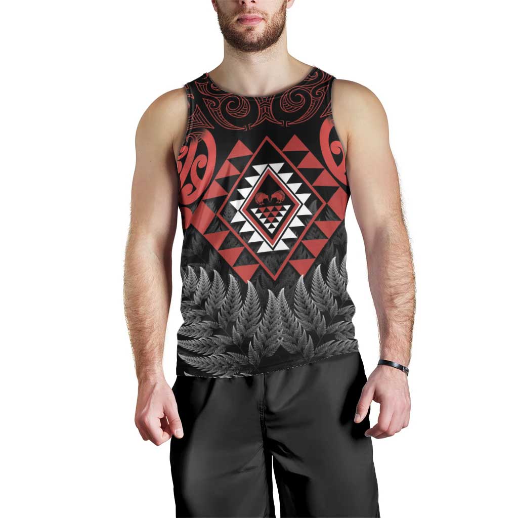 Aotearoa Kiwi Taniko Men Tank Top Silver Fern With Maori Koru Pattern
