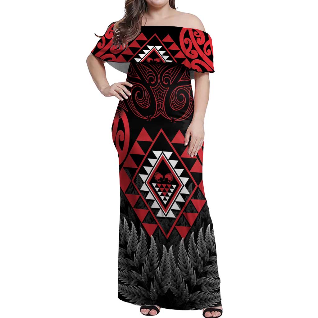 Aotearoa Kiwi Taniko Off Shoulder Maxi Dress Silver Fern With Maori Koru Pattern