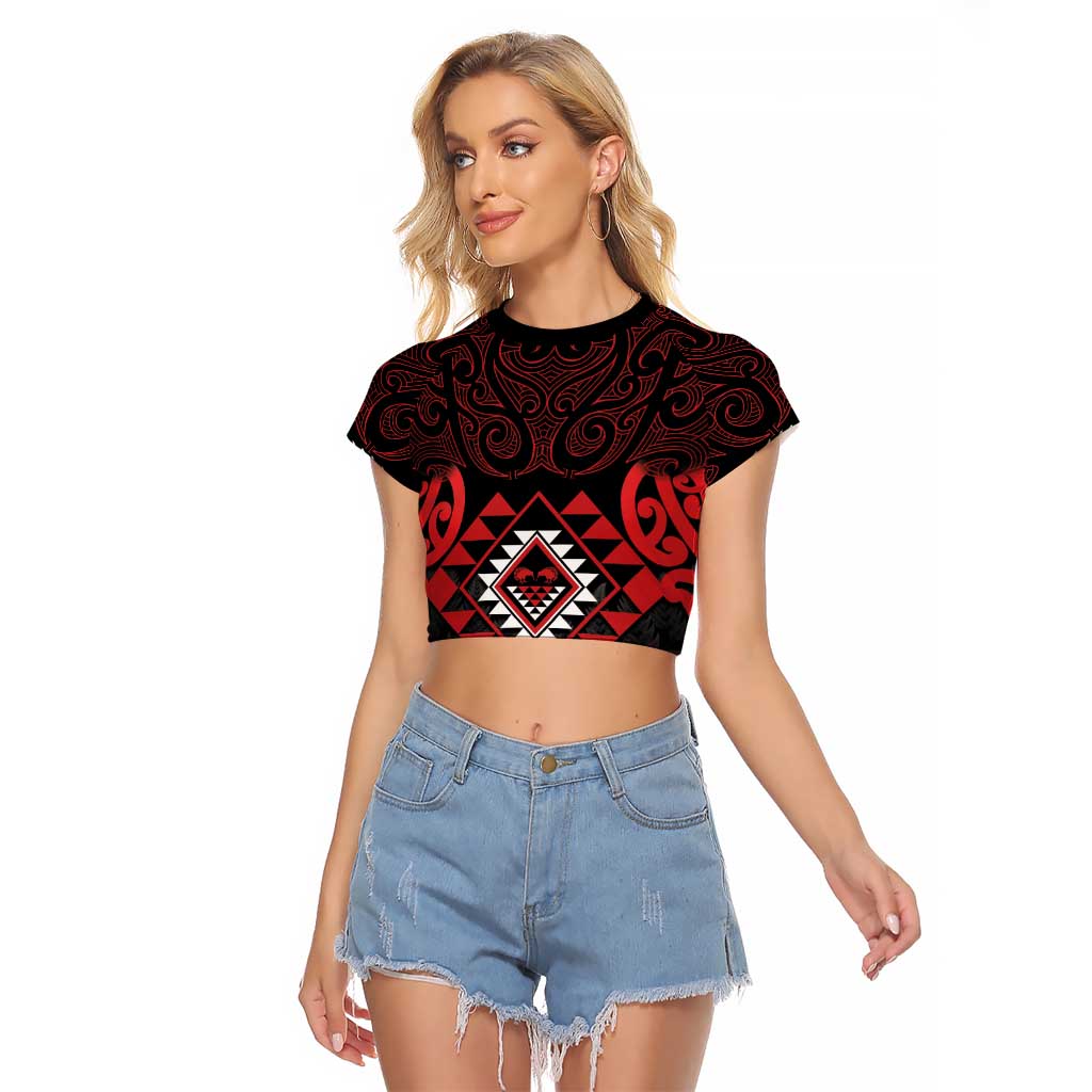 Aotearoa Kiwi Taniko Raglan Cropped T Shirt Silver Fern With Maori Koru Pattern