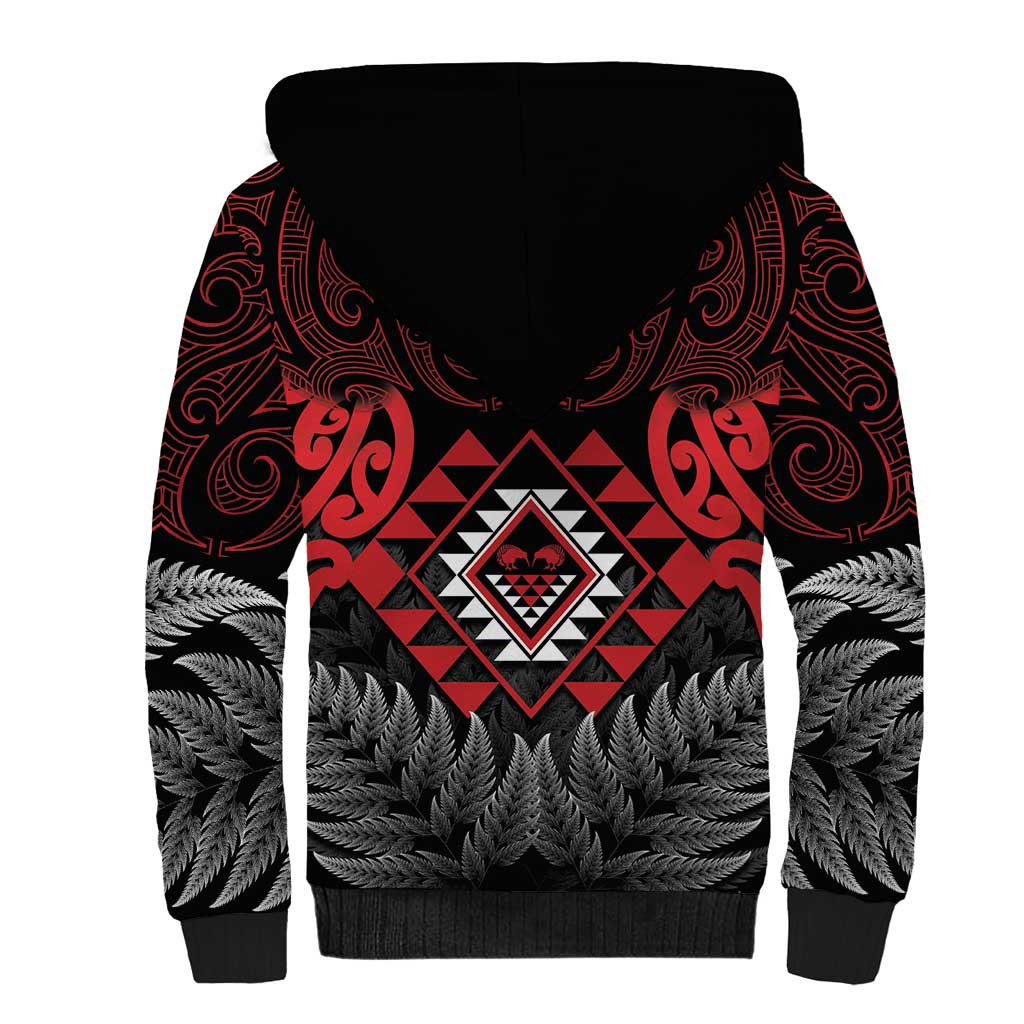 Aotearoa Kiwi Taniko Sherpa Hoodie Silver Fern With Maori Koru Pattern
