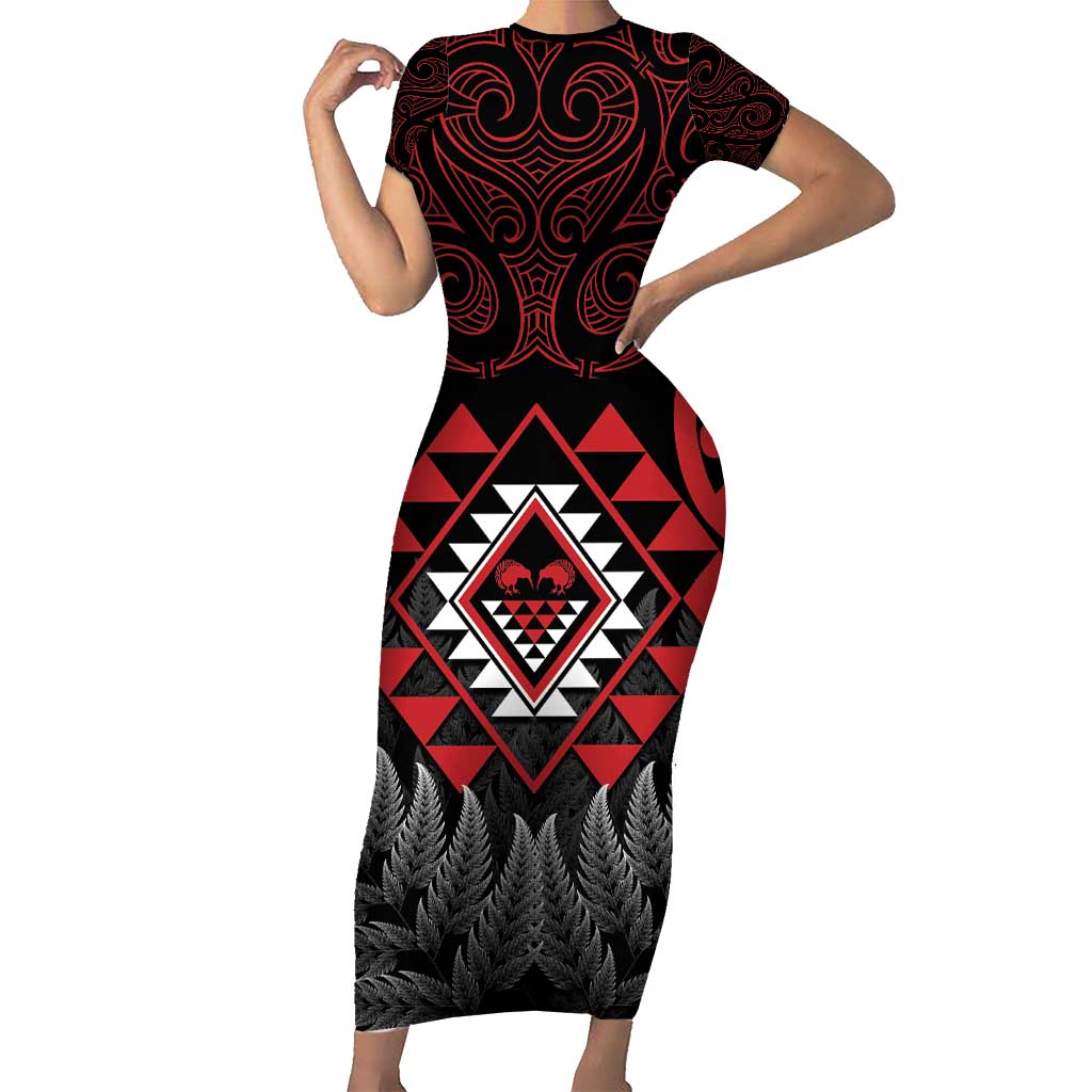 Aotearoa Kiwi Taniko Short Sleeve Bodycon Dress Silver Fern With Maori Koru Pattern