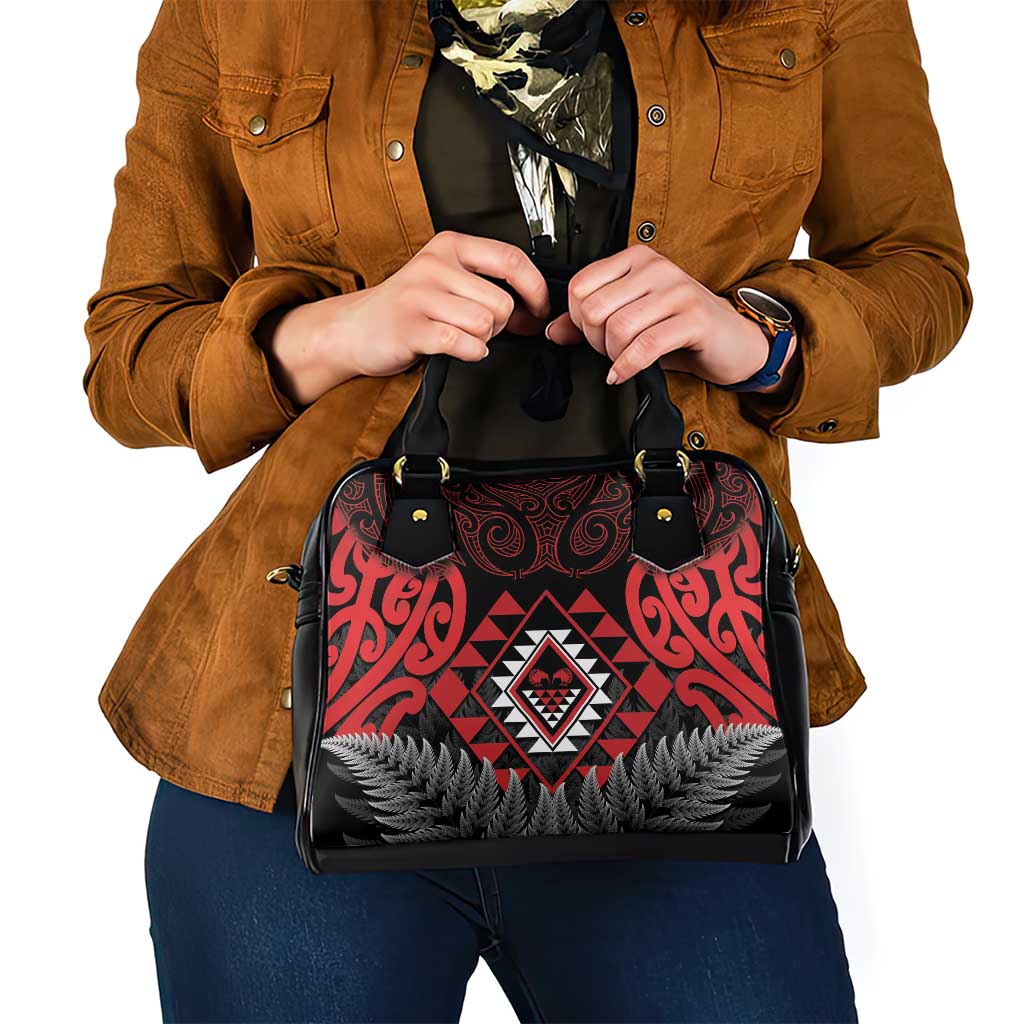 Aotearoa Kiwi Taniko Shoulder Handbag Silver Fern With Maori Koru Pattern