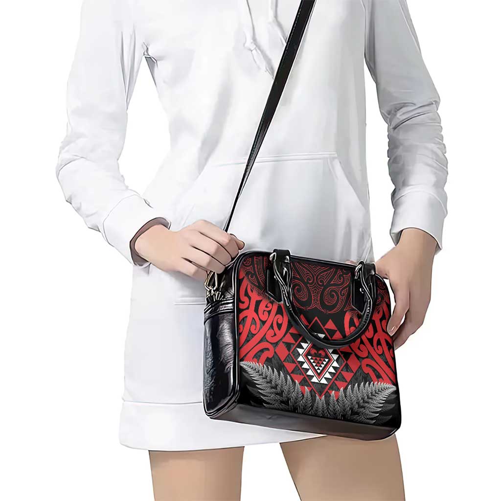 Aotearoa Kiwi Taniko Shoulder Handbag Silver Fern With Maori Koru Pattern