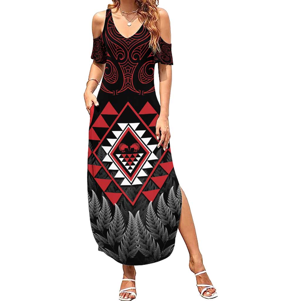 Aotearoa Kiwi Taniko Summer Maxi Dress Silver Fern With Maori Koru Pattern