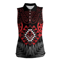 Aotearoa Kiwi Taniko Women Sleeveless Polo Shirt Silver Fern With Maori Koru Pattern