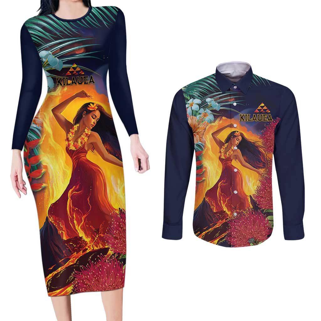 Hawaii Kilauea Big Islands Couples Matching Long Sleeve Bodycon Dress and Long Sleeve Button Shirt Pele Goddess With Tropical Flowers