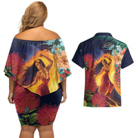 Hawaii Kilauea Big Islands Couples Matching Off Shoulder Short Dress and Hawaiian Shirt Pele Goddess With Tropical Flowers
