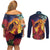 Hawaii Kilauea Big Islands Couples Matching Off Shoulder Short Dress and Long Sleeve Button Shirt Pele Goddess With Tropical Flowers