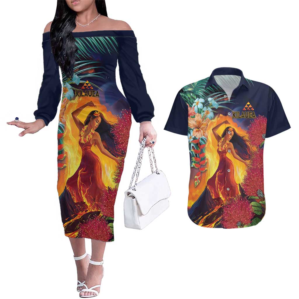 Hawaii Kilauea Big Islands Couples Matching Off The Shoulder Long Sleeve Dress and Hawaiian Shirt Pele Goddess With Tropical Flowers