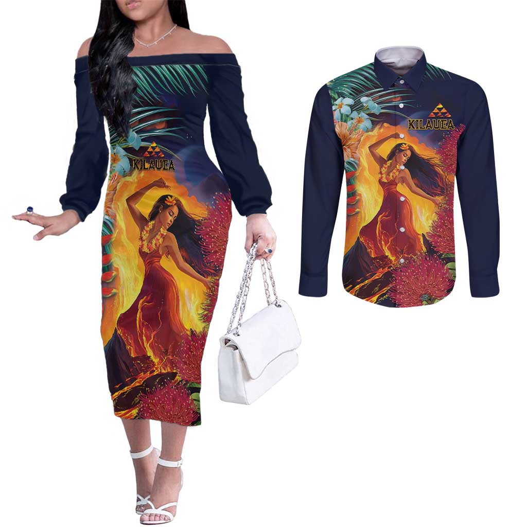 Hawaii Kilauea Big Islands Couples Matching Off The Shoulder Long Sleeve Dress and Long Sleeve Button Shirt Pele Goddess With Tropical Flowers