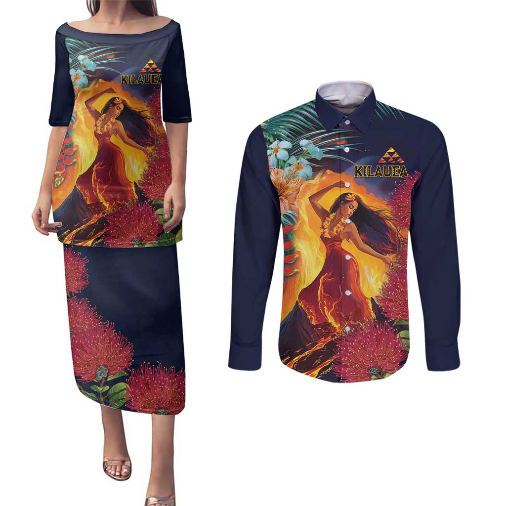 Hawaii Kilauea Big Islands Couples Matching Puletasi and Long Sleeve Button Shirt Pele Goddess With Tropical Flowers