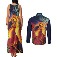 Hawaii Kilauea Big Islands Couples Matching Tank Maxi Dress and Long Sleeve Button Shirt Pele Goddess With Tropical Flowers