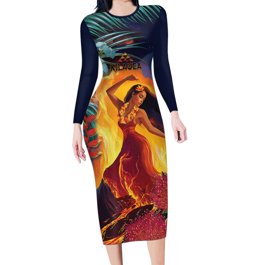 Hawaii Kilauea Big Islands Long Sleeve Bodycon Dress Pele Goddess With Tropical Flowers