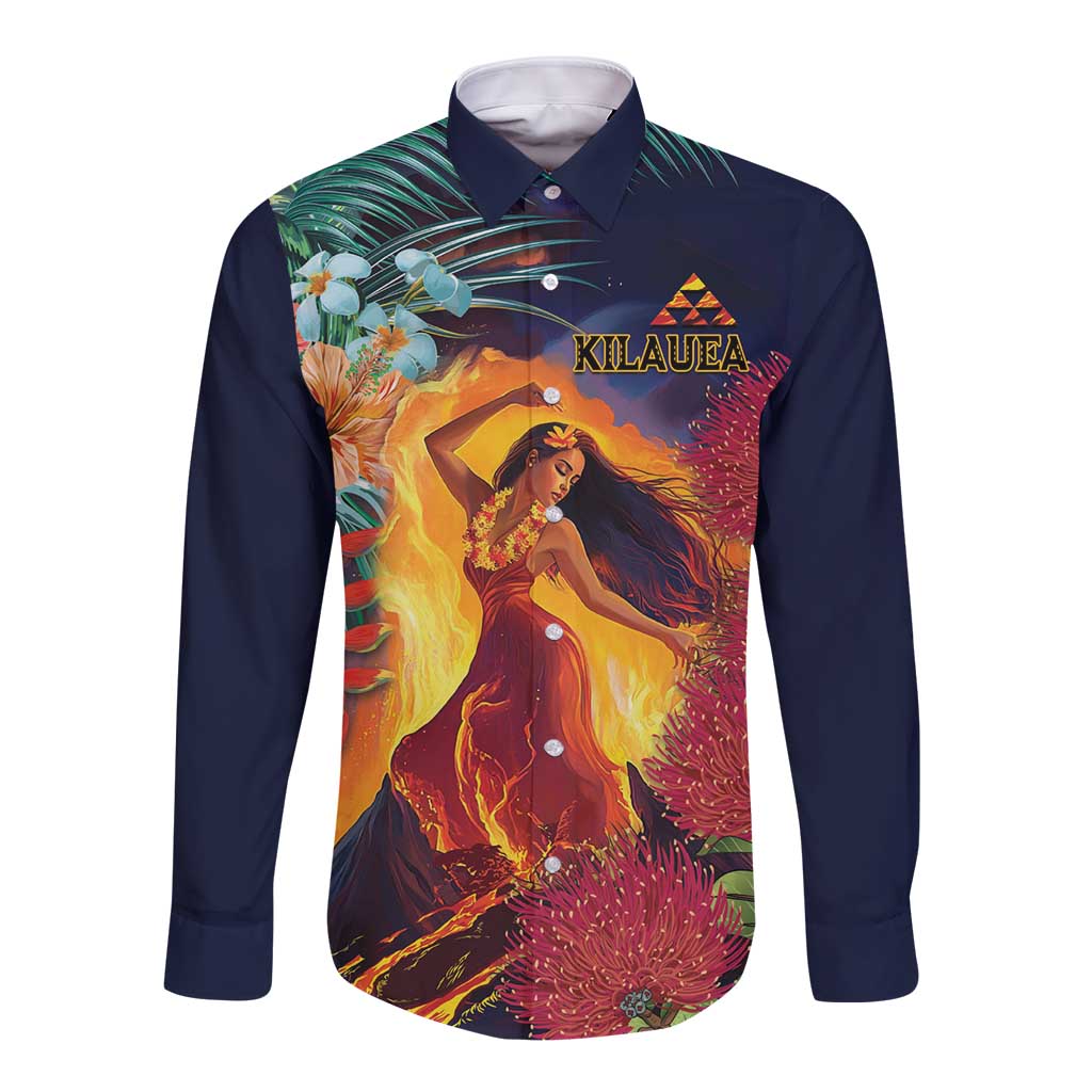 Hawaii Kilauea Big Islands Long Sleeve Button Shirt Pele Goddess With Tropical Flowers