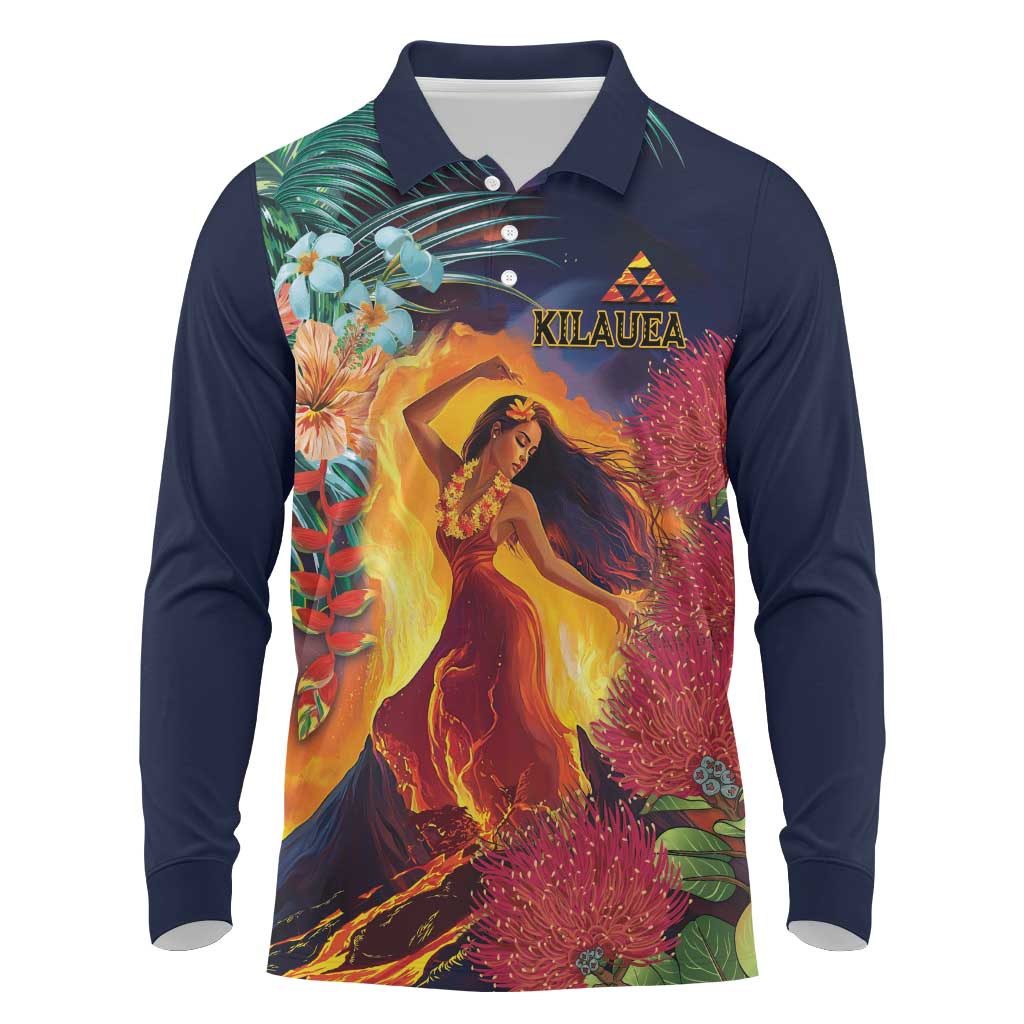 Hawaii Kilauea Big Islands Long Sleeve Polo Shirt Pele Goddess With Tropical Flowers LT14 Art - Polynesian Pride