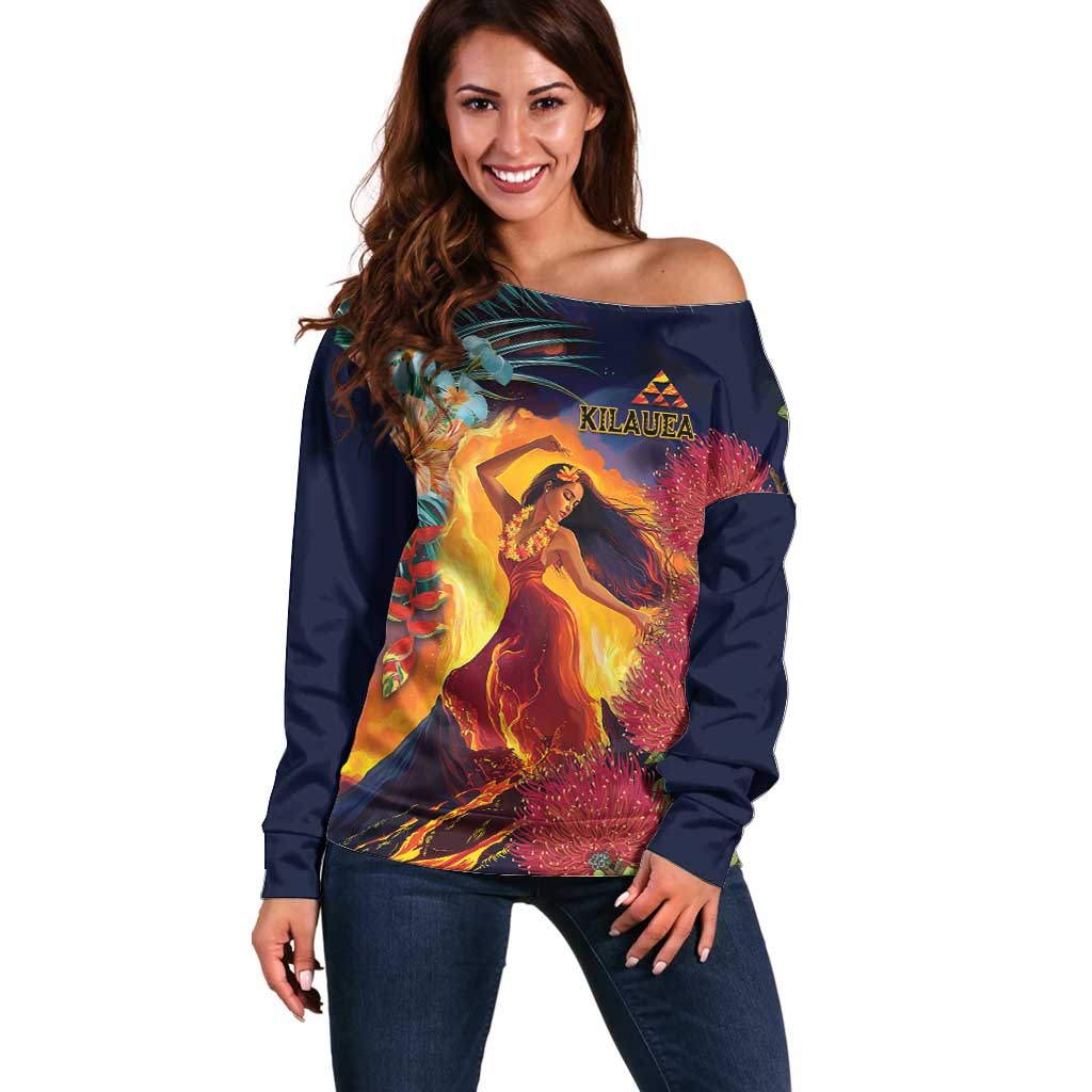 Hawaii Kilauea Big Islands Off Shoulder Sweater Pele Goddess With Tropical Flowers