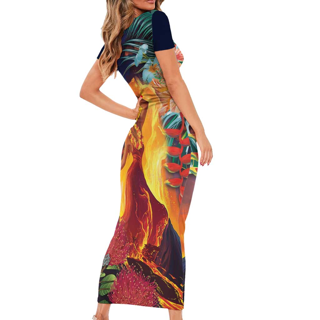 Hawaii Kilauea Big Islands Short Sleeve Bodycon Dress Pele Goddess With Tropical Flowers LT14 - Polynesian Pride
