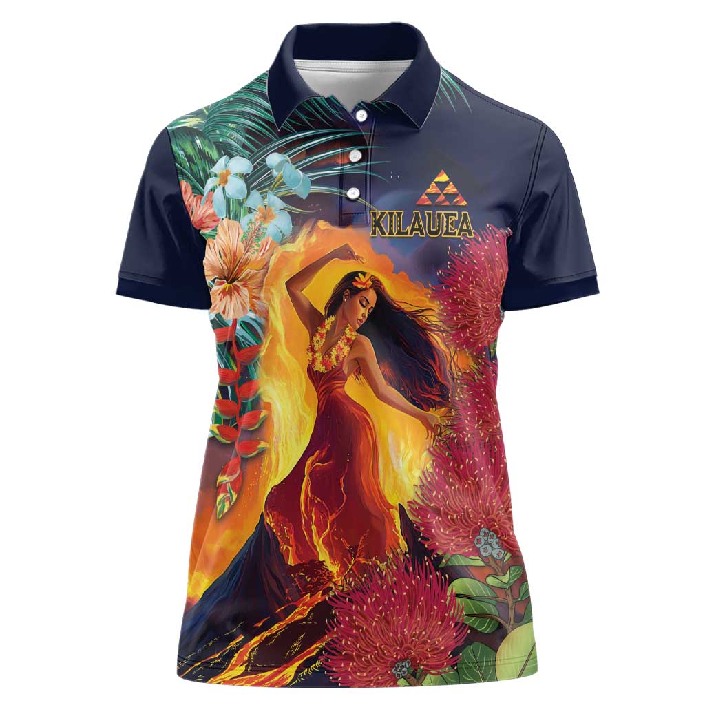 Hawaii Kilauea Big Islands Women Polo Shirt Pele Goddess With Tropical Flowers